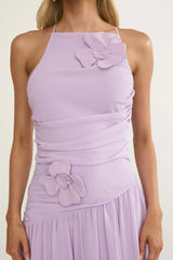Brighten Drop Waist Flower Accent Maxi Dress Lilac
