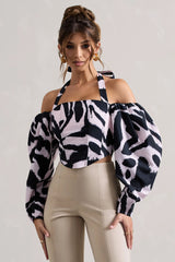 Theatric | Zebra Print Halter-Neck Corset Top With Puff-Sleeves