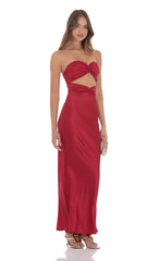 Satin Twist Cutout Maxi Dress in Red