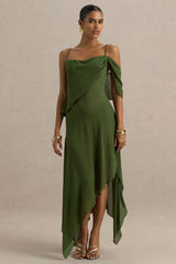 Tiara | Green Asymmetric Midi Dress With Draping Detailing and Open-Back