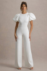 Dillon | White Puff-Sleeve Straight-Leg Jumpsuit