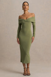 Spark | Olive Bardot-Neck Maxi Dress With Bow Detail