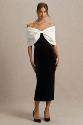 Twilight | Black And White Velvet Bardot-Neck Midi Dress With Oversized Bow
