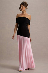 Venezia | Black & Pink Bardot Puff-Skirt Maxi Dress