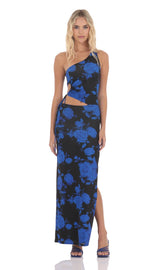 Floral One Shoulder Cutout Maxi Dress in Black and Blue