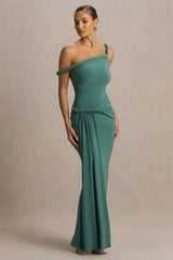 Tulisa | Green Asymmetric-Neck Maxi Dress With Twist Sleeves And Ruched Detailing