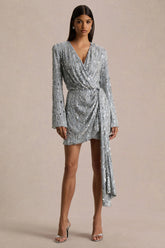 Carmina | Silver Sequin Plunge-Neck Wrap Mini Dress With Sash Detail