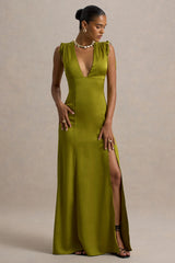 Ysabella | Olive Satin Plunge-Neck Split Maxi Dress