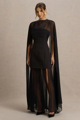 Chessa | Black Slashed-Neck Maxi Dress With Sheer Cape