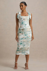 Cordelia | Green Floral Print Bodycon Midi Dress With Bow Straps