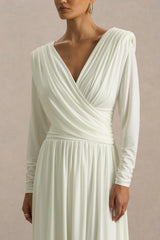 Alexis | Cream Plunge-Neck Midi Dress With Draped And Ruched Detailing