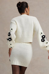 Louvre | Cream & Black Knit Cropped Floral Cardigan