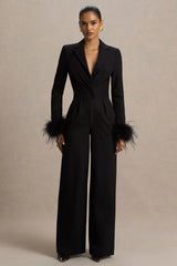 Lissy | Black Plunge-Neck Jumpsuit With Feather-Detailed Sleeves