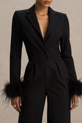 Lissy | Black Plunge-Neck Jumpsuit With Feather-Detailed Sleeves