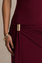 Decadence | Burgundy High-Neck Wrapped Maxi Dress With Twist-Sleeve