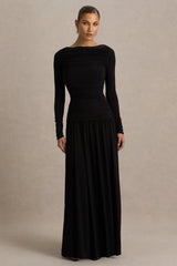 Aniyah | Black High-Neck Maxi Dress With Ruched Detailing
