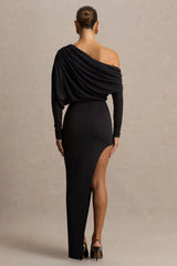 Olivia | Black Asymmetric-Neck Maxi Dress With Ruched Detailing And Front-High Split