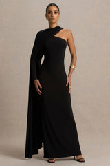 Dawn | Black High-Neck Maxi Dress With One Long-Sleeve And Cape