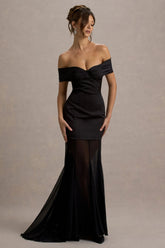 Anders | Black Satin Bardot Maxi Dress With Sheer Skirt