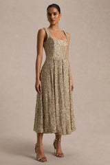 Lima | Champagne Sequin Square-Neck A-Line Midi Dress