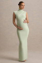 Kienna | Light Green Ruched High-Neck Maternity Maxi Dress