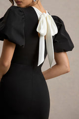 Delaney | Black Puff-Sleeve Mini Dress With White Bow