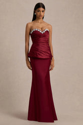 Milia | Burgundy Satin Hand-Embellished Strapless Corset Maxi Dress