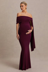Aquila | Burgundy Bardot Maternity Maxi Dress With Drape Sleeve