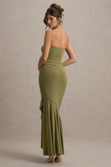 Capria | Olive Green Bandeau Wrap Maxi Dress