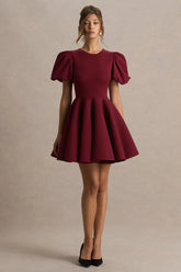Emelia | Burgundy Puff-Sleeve Skater Mini Dress