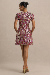 Eira | Pink Floral Sequin Crew-Neck Mini Dress