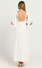 Lyrad Midi Dress - Linen Empire Waist Textured Dress in White