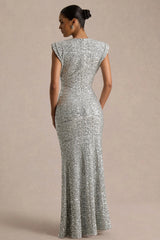 Aurah | Silver Sequin Crew-Neck Maxi Dress With Cap Sleeves