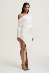 Olivia | Cream Asymmetric-Neck Maxi Dress With Ruched Detailing Asymmetric-Hem