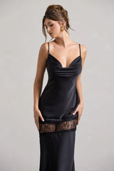 Matera | Black Satin Cowl-Neck Lace Trim Maxi Dress