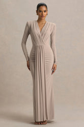 Flashy | Champagne Plunge-Neck Maxi Dress With Ruched Detailing