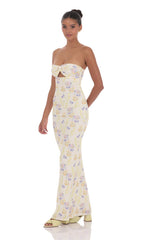 Floral Ribbed Cutout Twist Maxi Dress in Yellow