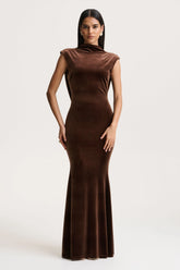 Malora | Brown Velvet High-Neck Maxi Dress With Open-Back