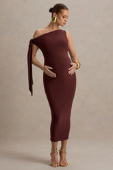 Katarine | Brown Asymmetric Knot Maternity Midi Dress
