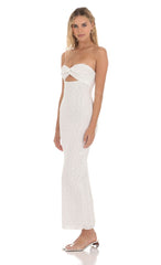 Strapless Textured Floral Twist Maxi Dress in White