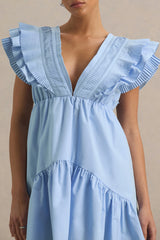 Judie | Blue Poplin V-Neck Ruffled Mini Dress