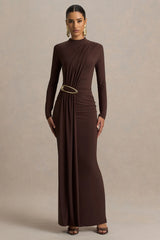 Zadie | Brown High-Neck Maxi Dress With Gathered-Detail