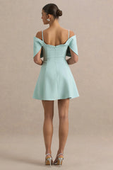 Faria | Light Blue Short-Sleeve Bardot Mini Dress With Bow Detail
