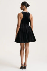 Meva | Black Velvet Hand-Embellished High-Neck Mini Dress