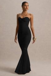 Talisa | Black Ruched Fishtail Maxi Dress With Mesh Hem