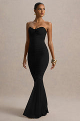 Talisa | Black Ruched Fishtail Maxi Dress With Mesh Hem
