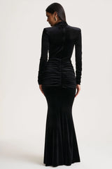 Halima | Black Velvet Plunge-Neck Maxi Dress With Gathered Detailing