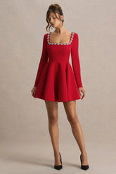 Astonish | Red Long-Sleeve Embellished Mini Dress With Volume Skirt