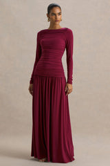 Aniyah | Burgundy High-Neck Maxi Dress With Ruched Detailing
