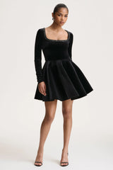Beloved | Black Velvet Embellished Square-Neck Mini Dress